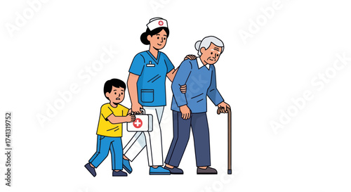 Nurse and Child Assisting Elderly Woman with Cane Providing Care and Support.