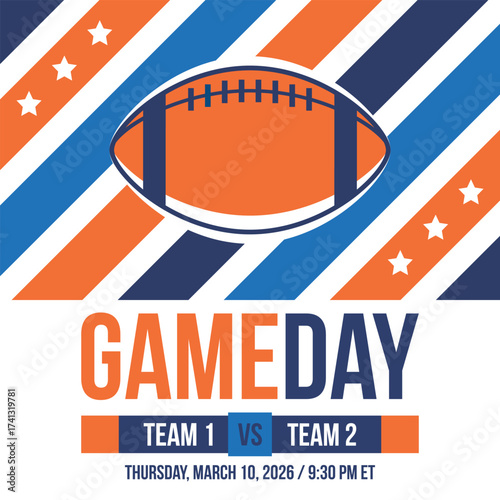 Game Day. American football playoff. Super Party in United States. Final game of regular season. Professional team championship. Ball for american football. Sport poster. Vector illustration
