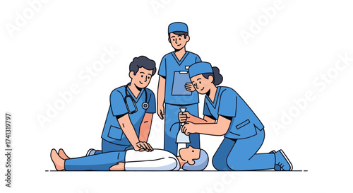 Medical team of doctors and nurses performing emergency CPR on an unconscious patient.