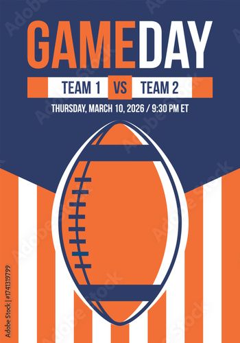 Game Day. American football playoff. Super Party in United States. Final game of regular season. Professional team championship. Ball for american football. Sport poster. Vector illustration