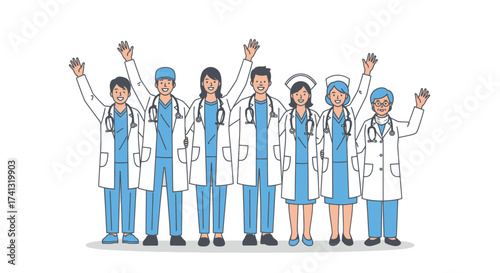 Cheerful Medical Team Raising Hands in Celebration.