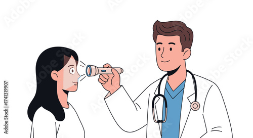 Male doctor examining female patients eye with a penlight during an ophthalmology check-up.