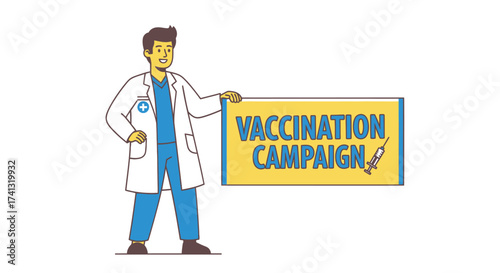 Male doctor character in a lab coat holding a yellow Vaccination Campaign banner.