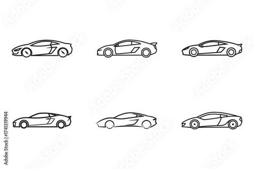 Collection of modern sports car outlines in black and white illustration representing design concepts and automotive industry styling