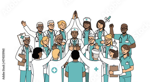Diverse group of healthcare professionals celebrating together with high fives and smiles.