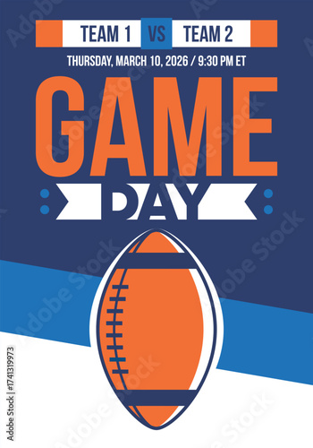 Game Day. American football playoff. Super Party in United States. Final game of regular season. Professional team championship. Ball for american football. Sport poster. Vector illustration