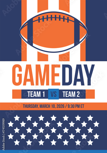 Game Day. American football playoff. Super Party in United States. Final game of regular season. Professional team championship. Ball for american football. Sport poster. Vector illustration