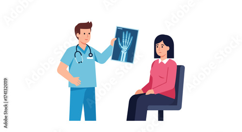 Doctor examining hand X-ray with patient in medical consultation.