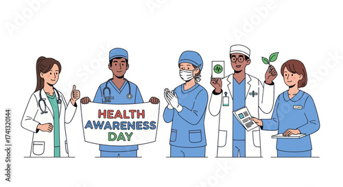 Diverse Healthcare Professionals Promoting Health Awareness Day with Medical Symbols.