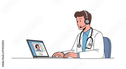 Doctor in White Coat Conducting Telemedicine Consultation Online.