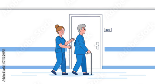 Nurse assisting elderly patient with cane in hospital hallway.
