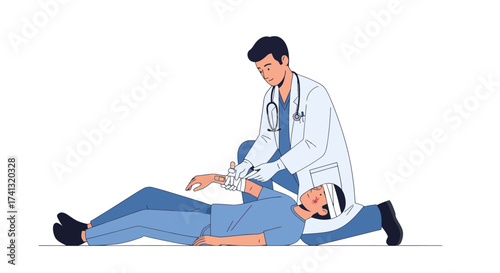 Doctor performing CPR on a patient lying on the floor.
