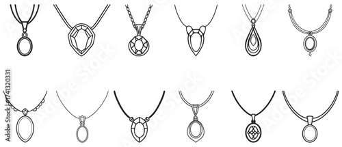 Collection presents diverse outline necklace pendants, each showing unique geometric design on white background