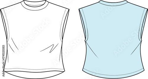 Sleeveless crop top fashion flat sketch, women’s tank design template, CAD clothing vector illustration, technical drawing, editable apparel outline, mockup