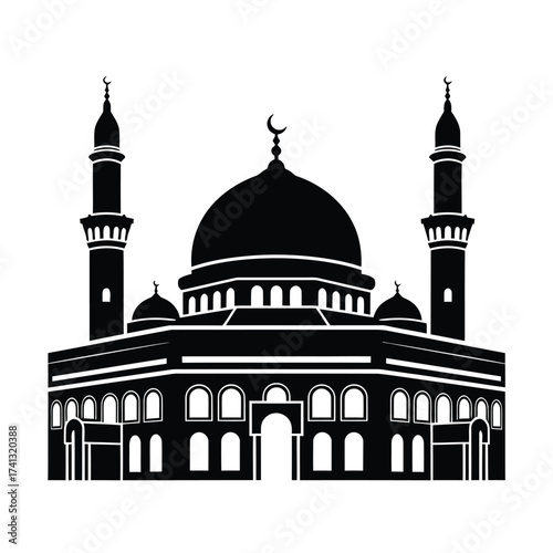 Black Islamic mosque with domes and minarets architecture
