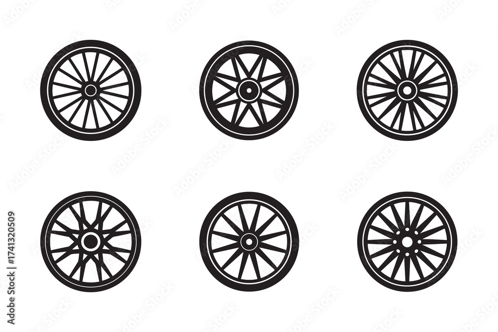 Fototapeta premium Collection of Six Different Vintage Wagon Wheel Designs in Black and White Vector Illustration for Design Elements