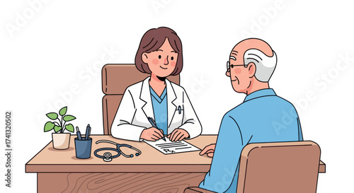 Friendly female doctor in a white coat consulting with an elderly male patient at her desk.