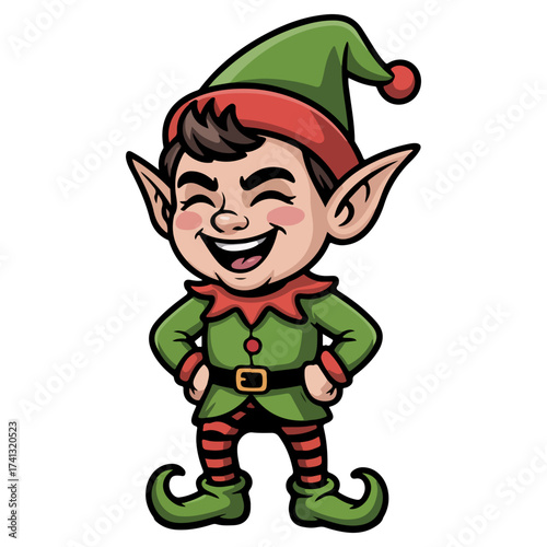 A cheerful cartoon elf with a joyful expression, wearing a traditional festive outfit