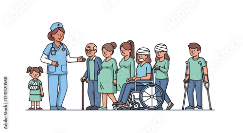 Diverse group of people receiving care from a nurse.
