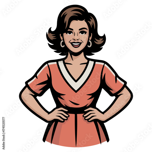 A woman wearing a retro dress and smiling confidently, embodying vintage charm