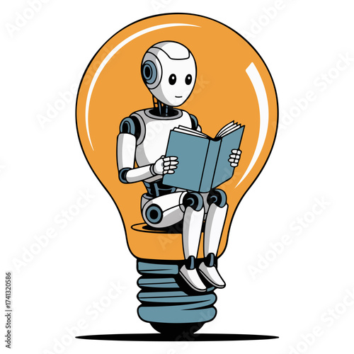 A robot reading a book inside a light bulb, symbolizing knowledge and innovation. The robot is depicted with a futuristic design
