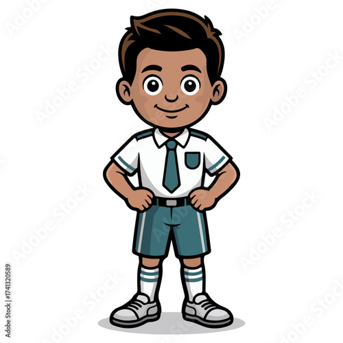 A young schoolboy, stands confidently in his uniform, exuding charm and youth