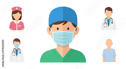 A collection of flat design vector icons depicting medical staff including a surgeon doctors a nurse and a patient.