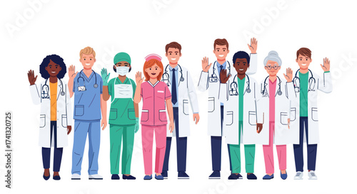 Diverse Medical Team of Doctors Nurses and Surgeons Waving in Professional Uniforms.