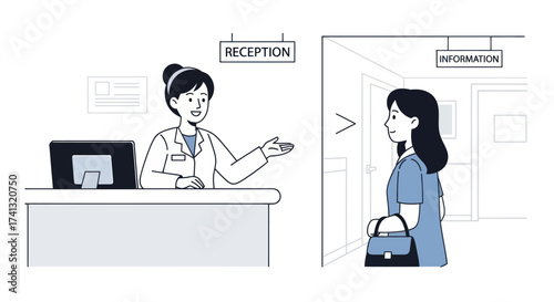 Receptionist assisting a patient at the information desk in a hospital or clinic.