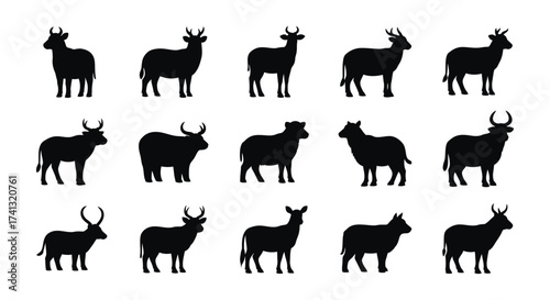 Black silhouettes of various cattle and deer white background