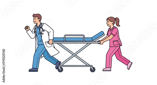 A male doctor and female nurse running urgently while pushing an empty hospital gurney to an emergency.
