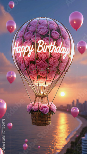 Happy celebration design: colorful hot air balloons flying in the night sky over a beach, perfect for a fun birthday or holiday illustration