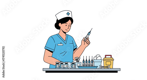 Nurse preparing injection with syringe and vials on a medical tray.