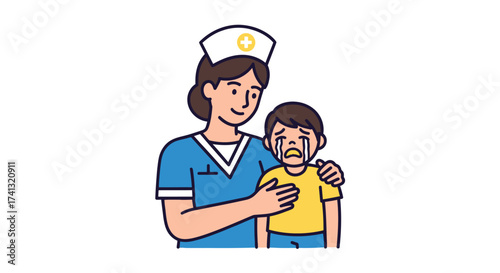Caring Nurse Comforts Crying Child with Gentle Hand.