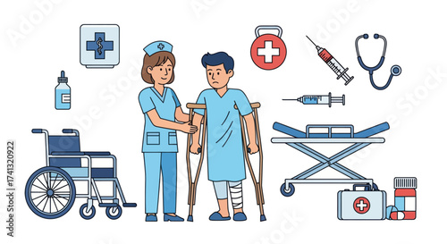 Nurse Assisting Injured Patient with Crutches and Bandaged Leg.