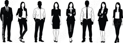 Business people silhouettes, professional team illustration, office colleagues, corporate group, teamwork concept, leadership figures, career success, workplace diversity, management, cooperation