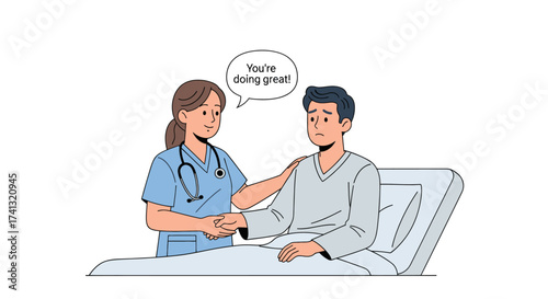Nurse comforting a patient in a hospital bed with encouraging words providing support and care.