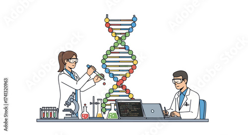 Scientists Working with DNA Model in Laboratory.