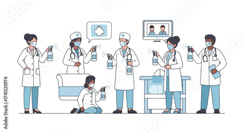 Group of Medical Professionals Holding Sanitizer Bottles.