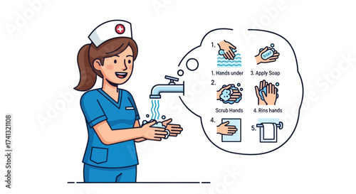 Cartoon Nurse Demonstrating Proper Handwashing Hygiene Steps Illustration.