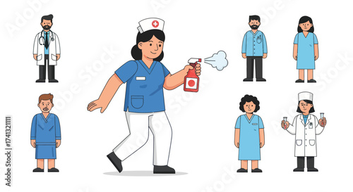 Nurse spraying disinfectant among medical professionals and patients.