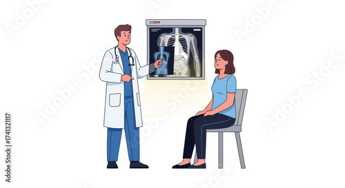 Doctor Explaining X-Ray Results to Patient Sitting on Chair in Medical Office.