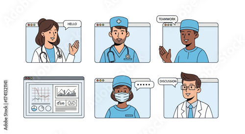 A diverse set of hand-drawn doctors and nurses engaged in online telemedicine consultations.