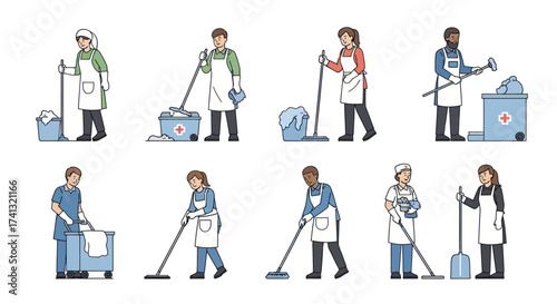 A diverse set of male and female janitors and cleaners in uniform with mops brooms and cleaning supplies.