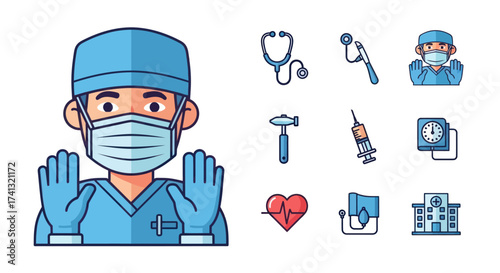 Cartoon Doctor in Surgical Mask and Gloves Ready for Work.