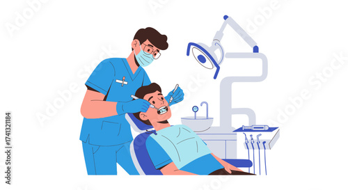 Dentist examining patient in chair with dental equipment.