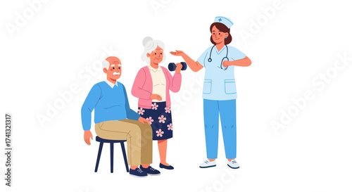 Elderly Couple Exercising with Nurse Holding Dumbbell Smiling.