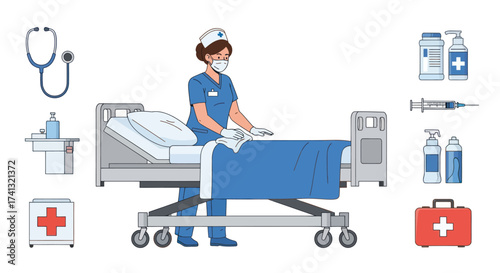 Medical and healthcare illustration set with a nurse hospital bed and various medical equipment.