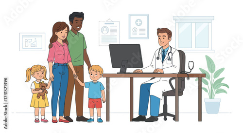 Diverse Family Consults with Doctor in Medical Office.