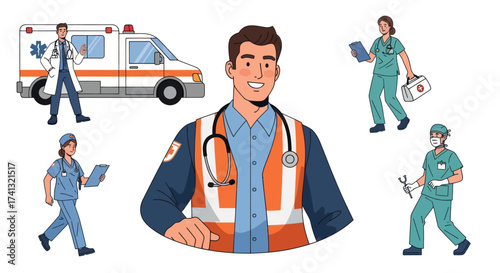 Diverse Medical Professionals and Ambulance Team in Action.